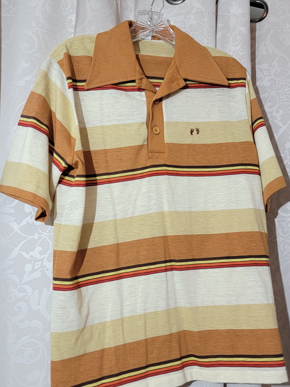Vintage 1970 Hang Ten Striped Polo in Tan, Cream & Rust Single Stitch